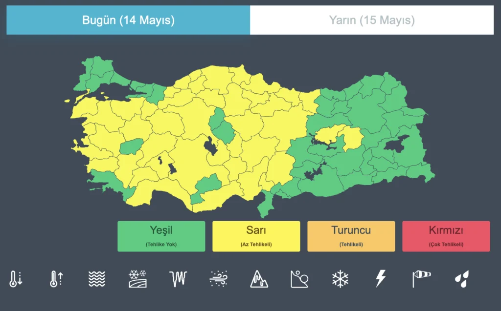 Meteoroloji Genel Müdürlüğü (MGM), 14 Mayıs tarihi için kuvvetli sağanak
